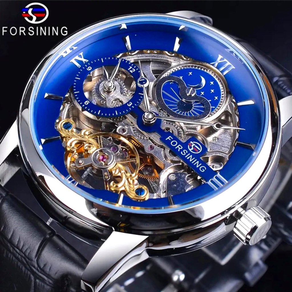 Forsining Skeleton Moon Dial Watch Mens Dual Time Zone Automatic Watch